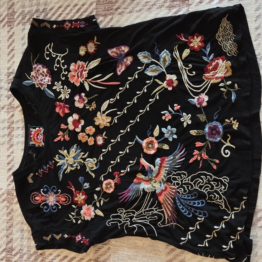 Johnny Was Black Top with Multicolor Floral Embroidery - Picture 4 of 7